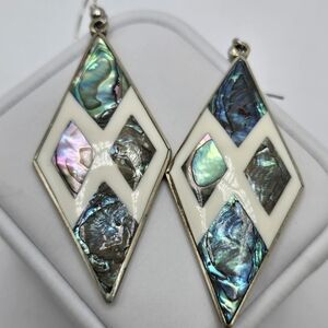 Diamond Kite Abalone Shell Alpaca Mexico Silver Dangle Earrings